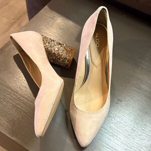 Aldo Women's Blush Suede Heels with Glitter Block